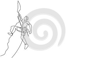 Single continuous line drawing of young muscular rockclimber man climbing hanging on mountain grip. Outdoor active lifestyle and