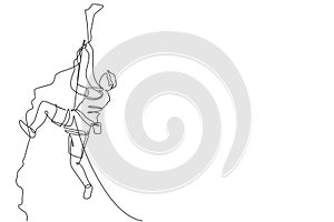 Single continuous line drawing of young muscular rockclimber man climbing hanging on mountain grip. Outdoor active lifestyle and