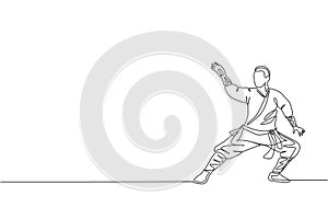 Single continuous line drawing young muscular shaolin monk man train martial art at shaolin temple. Traditional Chinese kung fu