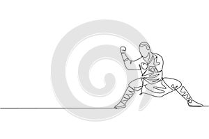 Single continuous line drawing young muscular shaolin monk man train martial art at shaolin temple. Traditional Chinese kung fu