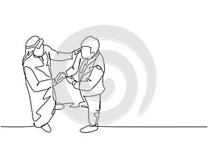 Single continuous line drawing of young muslim business owner shake hands with partner. Arab middle east businessmen with shmagh, photo