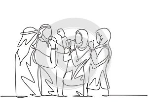 Single continuous line drawing of young muslim business people celebrate their success. Arab middle east businessmen with shmagh, photo