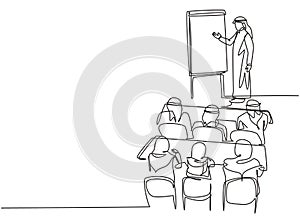 Single continuous line drawing of young muslim businessman do strategy presentation while company team meeting. Arab middle east photo