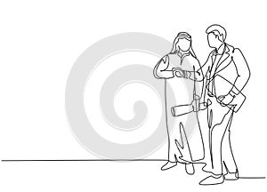 Single continuous line drawing of young muslim businessman handshake with business partner. Arab middle east businessmen with