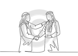 Single continuous line drawing of young muslim businessman handshake his personal doctor. Arab middle east businessmen with shmagh