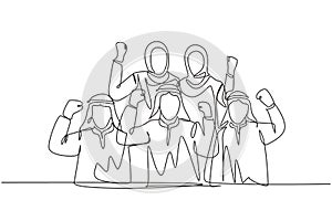 Single continuous line drawing of young muslim sales team celebrate their solid teamwork. Arab middle east businessmen with shmagh photo