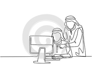 Single continuous line drawing of young muslim workers watching business and training video on monitor. Arab middle east cloth photo