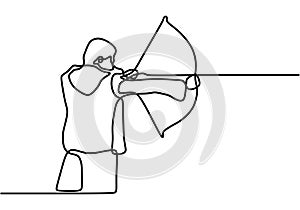 Single continuous line drawing of young professional archer man focus aiming archery target. young archer man pulling the bow to