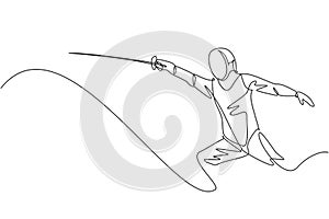 Single continuous line drawing of young professional fencer athlete man in fencing mask and rapier. Competitive fighting sport photo