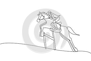 Single continuous line drawing of young professional horseback rider jumping with a horse over the hurdle. Equestrian sport