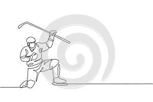 Single continuous line drawing of young professional ice hockey player celebrate a goal score on ice rink arena. Extreme winter