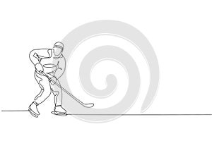 Single continuous line drawing of young professional ice hockey player hit the puck and attack on ice rink arena. Extreme winter