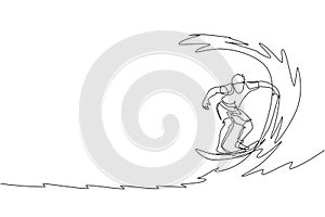 Single continuous line drawing young professional surfer in action riding the waves on blue ocean. Extreme watersport concept.