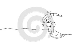 Single continuous line drawing young professional surfer in action riding the waves on blue ocean. Extreme watersport concept.