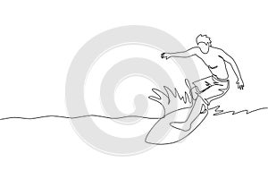 Single continuous line drawing young professional surfer in action riding the waves on blue ocean. Extreme watersport concept.