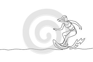 Single continuous line drawing young professional surfer in action riding the waves on blue ocean. Extreme watersport concept.