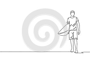 Single continuous line drawing of young professional surfer walking and carrying surfboard at sandy beach. Extreme watersport