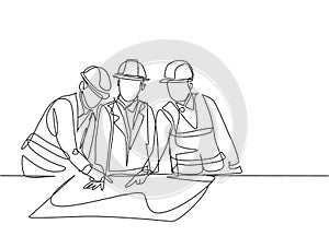 Single continuous line drawing of young sketch draft designer meeting with architect discussing construction design. Building