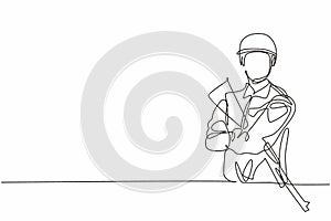 Single continuous line drawing of young soldier man cross arm on chest and holding riffle weapon. Professional work job occupation