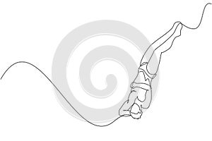 Single continuous line drawing of young sportive man jumping and somersaulting from diving board into the pool. Competition event