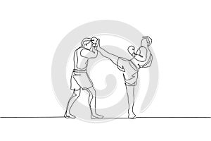 Single continuous line drawing of young sportive man kickboxer fight at boxing arena for local tournament. Combat competition