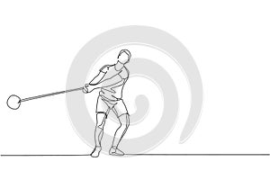 Single continuous line drawing of young sportive man practice to concentrate while swinging hammer on the court stadium. Athletic