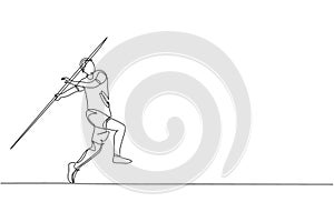 Single continuous line drawing of young sportive man practice to focus before power throw javelin on the court stadium. Athletic