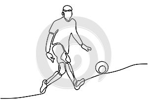 Single continuous line drawing of young sportive man train soccer freestyle kicking the ball on the field. The moment of a sports