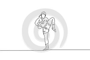 Single continuous line drawing of young sportive man training thai boxing at gym club center. Combative muay thai sport concept.