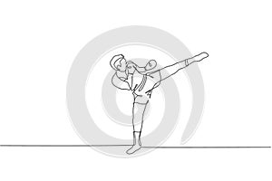 Single continuous line drawing young sportive man training thai boxing at gym club center. Combative muay thai sport concept.