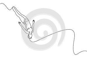 Single continuous line drawing of young sportive woman jumping and falling the body down into the pool for diving training . Water