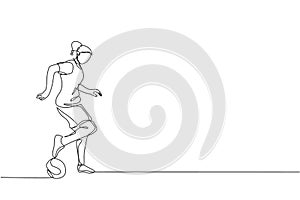 Single continuous line drawing of young sportive woman train soccer freestyle, dribbling trick on the field. Football freestyler