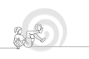 Single continuous line drawing of young sportive woman train soccer freestyle, juggling with shinbone on the field. Football