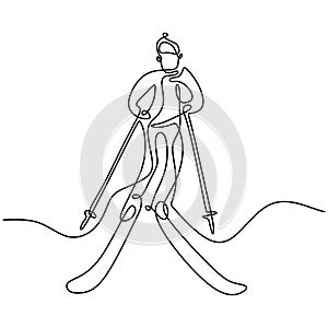 Single continuous line drawing of young sporty man playing ski at snowy mountain. Winter sport holiday vacation isolated on white