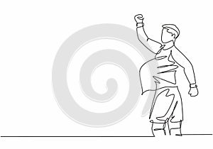Single continuous line drawing of young sporty soccer player make pregnant gesture using ball after scoring the goal. Match soccer