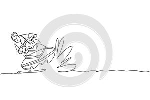 Single continuous line drawing of young sporty tourist man fun playing jet ski in the sea. Extreme dangerous sea sport concept.