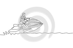Single continuous line drawing of young sporty tourist man playing jet ski in the sea. Extreme dangerous sea sport concept. Summer photo