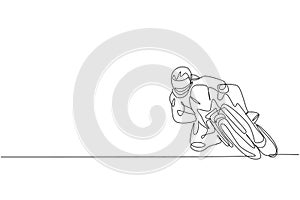 Single continuous line drawing of young superbike racer practice leaning at circuit track. Motogp tournament concept. Trendy one