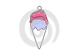 Single continuous line of a pink ice cream. Pink ice cream fast food in one line style isolated on white background