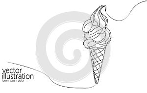 Single continuous one line art ice-cream dessert. Frozen waffle scoop cream cone concept design sketch outline drawing