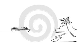 Single continuous one line art ocean travel vacation. Sea voyage holiday tropical island ship liner cruise journey