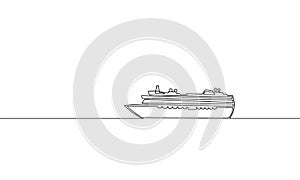 Single continuous one line art ocean travel vacation. Sea voyage holiday tropical island ship liner cruise journey