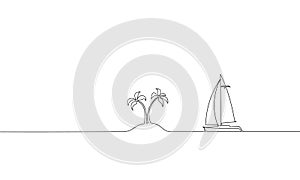 Single continuous one line art ocean travel vacation. Sea voyage holiday tropical island ship yacht luxury island palm