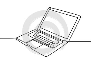 Single continuous one line drawing of computer laptop, and cup of coffee at business office desk. One line draw design
