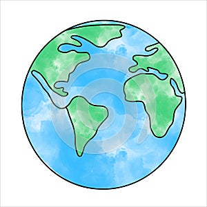 Single continuous one line drawing of globe sphere, planet Earth map. Planet logotype, Artistic watercolor textured