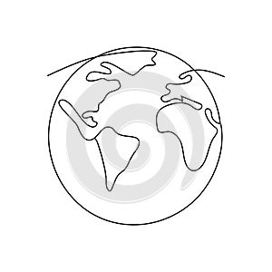 Single continuous one line drawing of globe sphere, planet Earth map. Planet logotype simple black graphic line logo