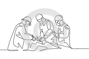 Single continuous single line drawing group of team surgeon doctor doing surgery operation to the patient with critical condition