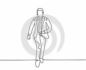 Single continuous single line drawing of young happy businessman running fast at athletic race lane. Business race concept one