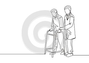 Single continuous single line drawing of young male doctor give help to the patient to walk therapy using crutch at hospital