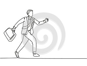 Single continuous single line drawing of young urban commuter worker running in rush at city street to get to the office on time.